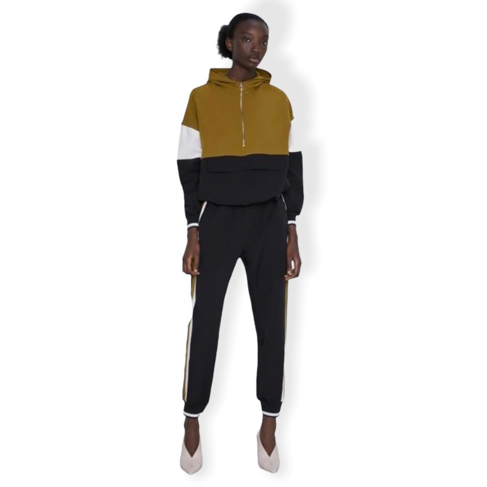 Zara Color Block Zip Hooded Jacket with Pocket Black